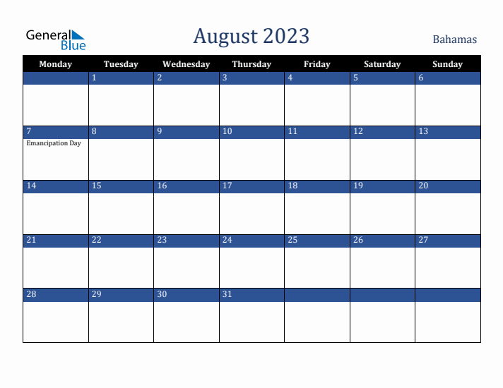 August 2023 Bahamas Calendar (Monday Start)