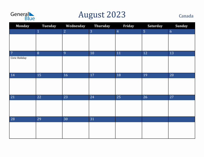 August 2023 Canada Calendar (Monday Start)