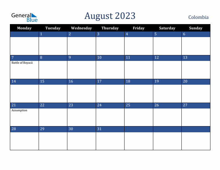 August 2023 Colombia Calendar (Monday Start)