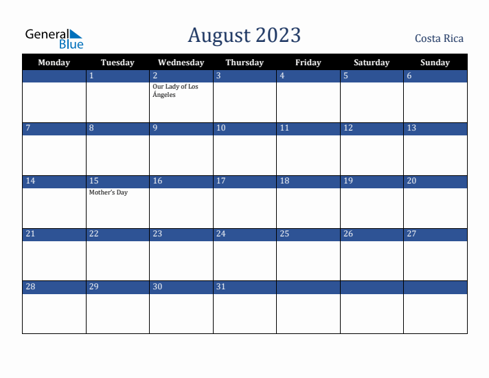 August 2023 Costa Rica Calendar (Monday Start)