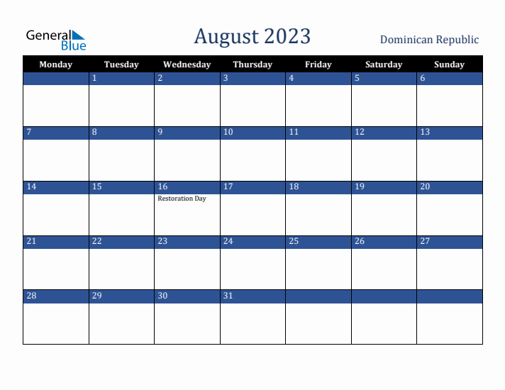 August 2023 Dominican Republic Calendar (Monday Start)
