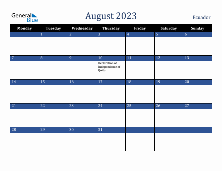 August 2023 Ecuador Calendar (Monday Start)