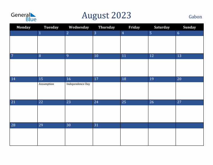 August 2023 Gabon Calendar (Monday Start)