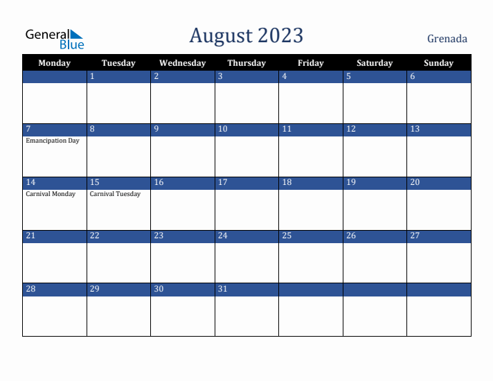 August 2023 Grenada Calendar (Monday Start)