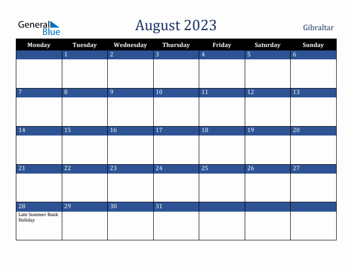 August 2023 Gibraltar Calendar (Monday Start)