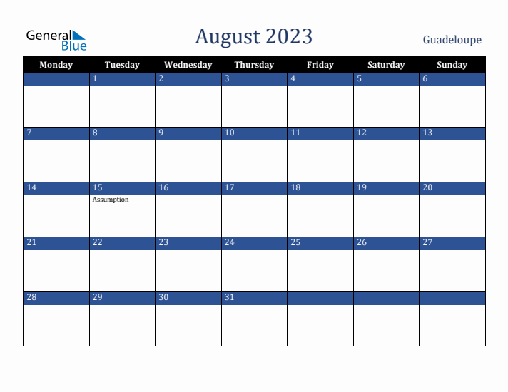 August 2023 Guadeloupe Calendar (Monday Start)