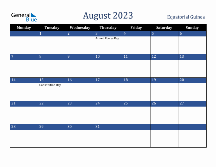 August 2023 Equatorial Guinea Calendar (Monday Start)