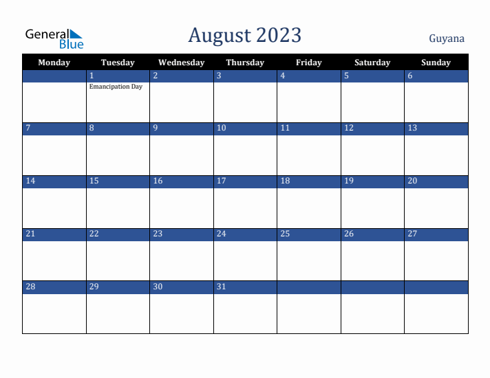 August 2023 Guyana Calendar (Monday Start)