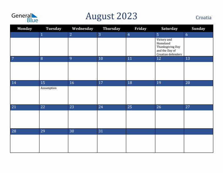 August 2023 Croatia Calendar (Monday Start)
