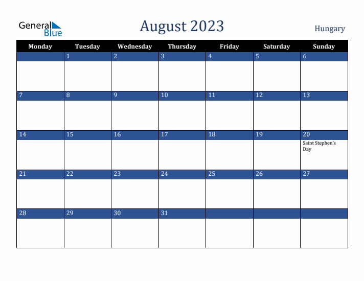 August 2023 Hungary Calendar (Monday Start)