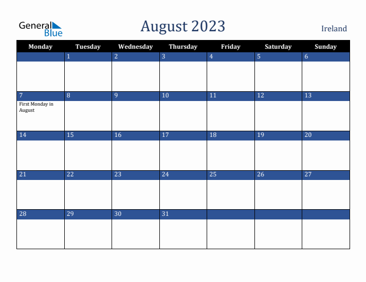 August 2023 Ireland Calendar (Monday Start)