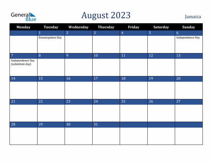 August 2023 Jamaica Calendar (Monday Start)