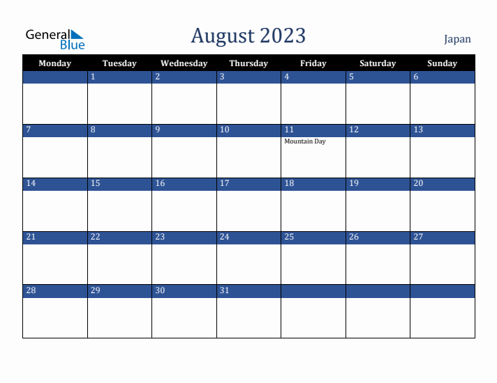 August 2023 Japan Calendar (Monday Start)