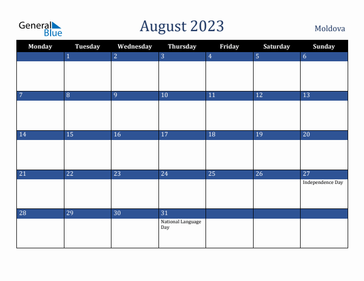 August 2023 Moldova Calendar (Monday Start)