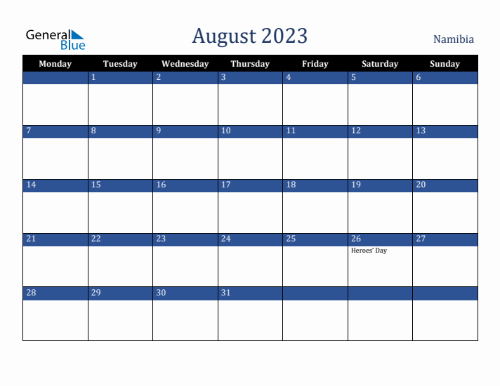 August 2023 Namibia Calendar (Monday Start)