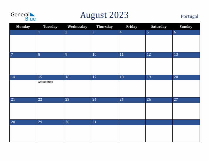 August 2023 Portugal Calendar (Monday Start)