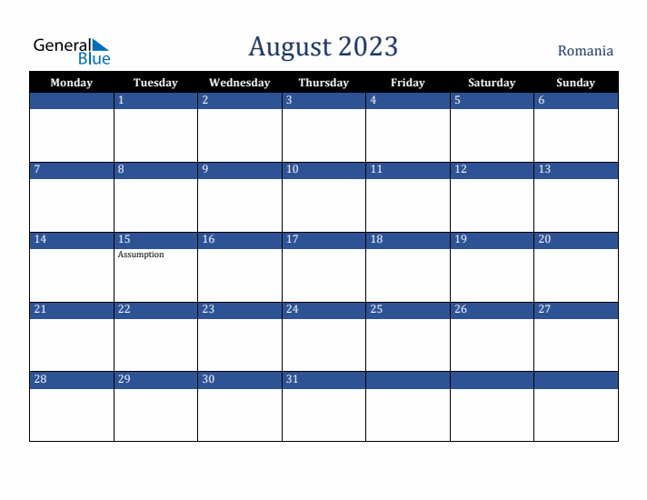 August 2023 Romania Calendar (Monday Start)