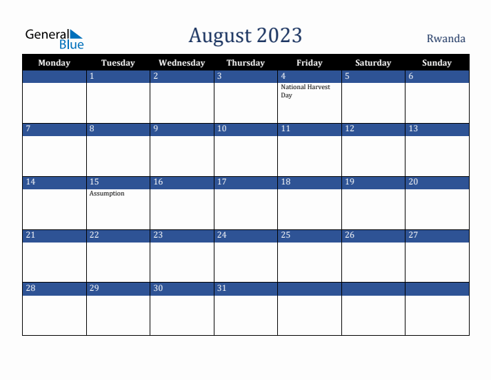 August 2023 Rwanda Calendar (Monday Start)