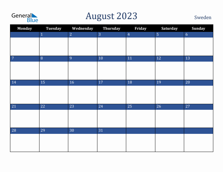 August 2023 Sweden Calendar (Monday Start)