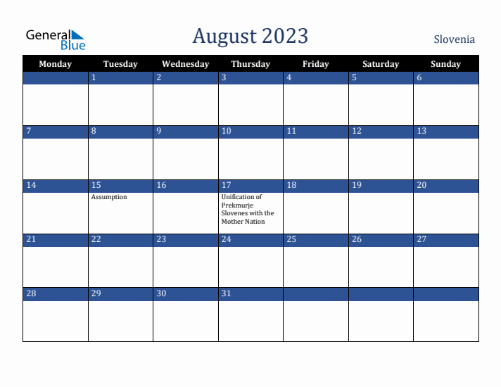 August 2023 Slovenia Calendar (Monday Start)