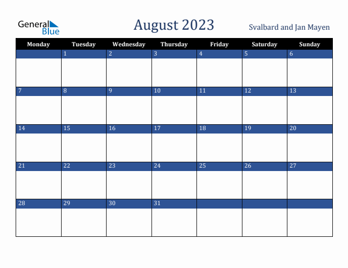August 2023 Svalbard and Jan Mayen Calendar (Monday Start)