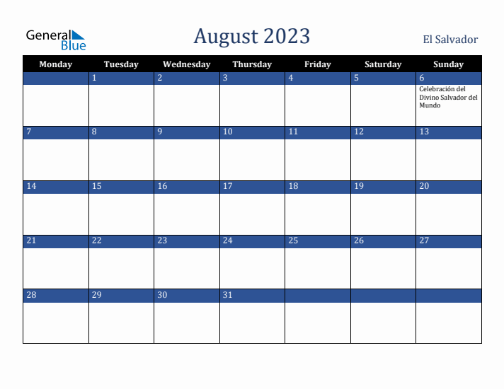 August 2023 El Salvador Calendar (Monday Start)