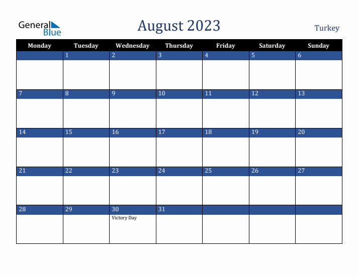 August 2023 Turkey Calendar (Monday Start)