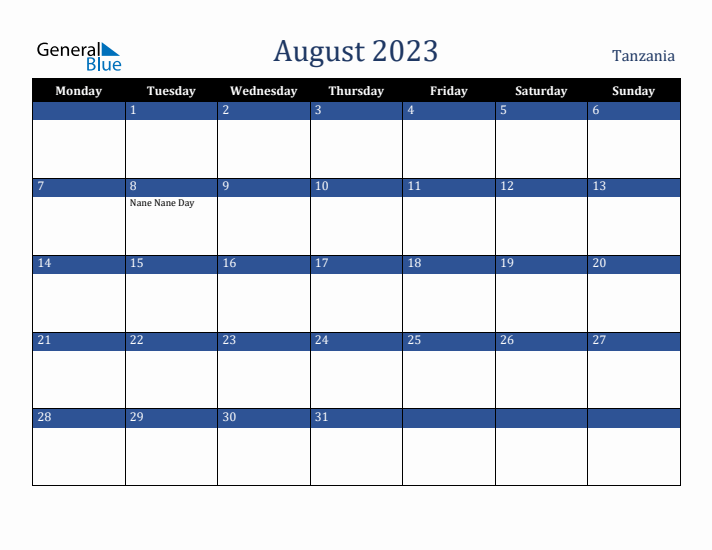 August 2023 Tanzania Calendar (Monday Start)