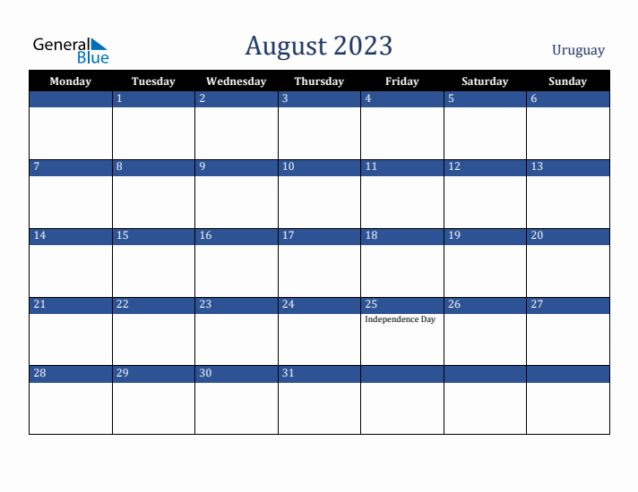 August 2023 Uruguay Calendar (Monday Start)