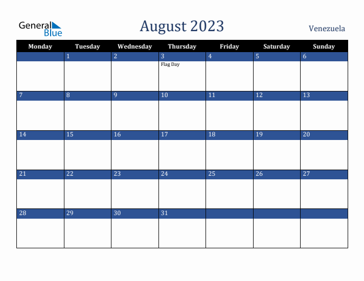 August 2023 Venezuela Calendar (Monday Start)