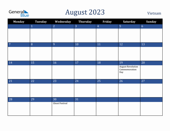 August 2023 Vietnam Calendar (Monday Start)