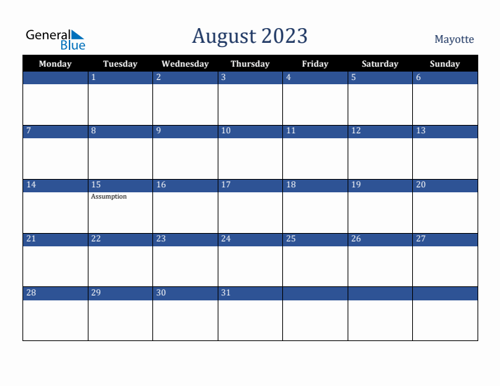 August 2023 Mayotte Calendar (Monday Start)