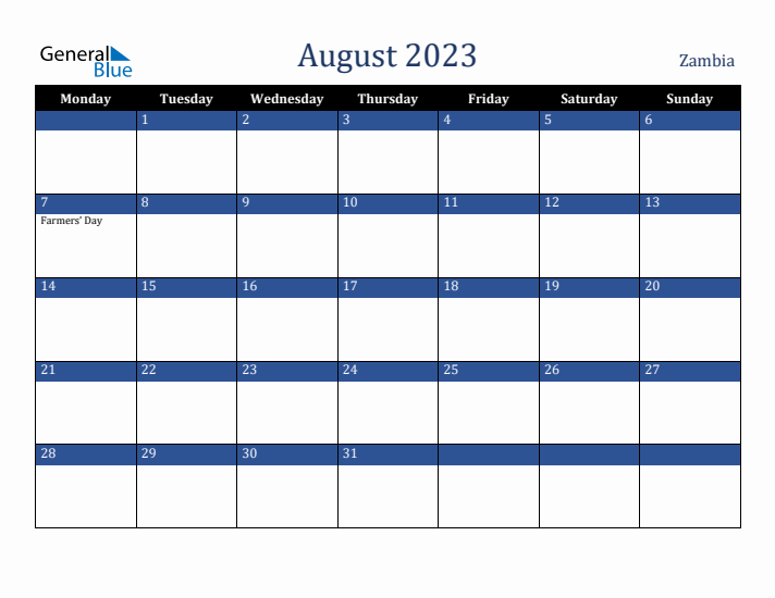 August 2023 Zambia Calendar (Monday Start)