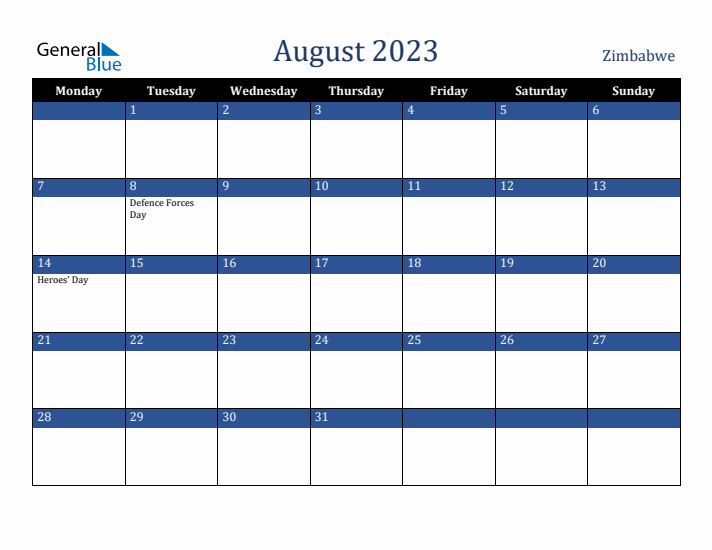 August 2023 Zimbabwe Calendar (Monday Start)