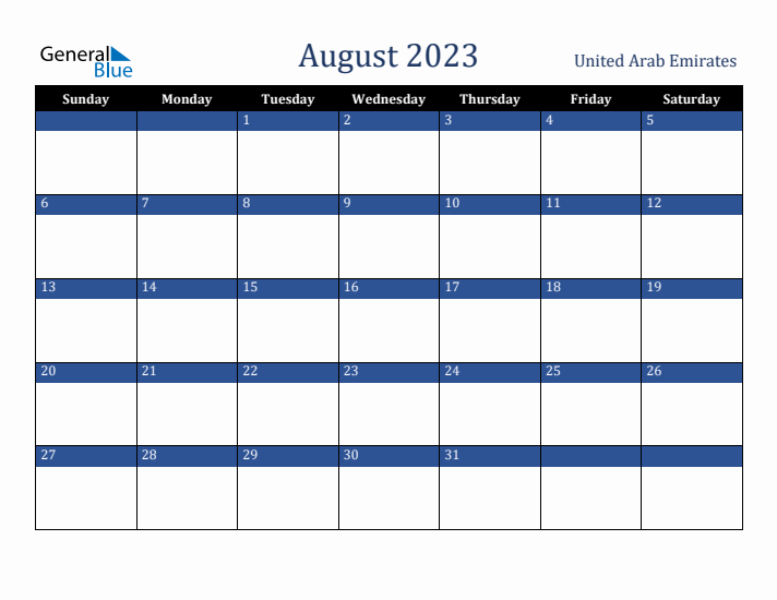 August 2023 United Arab Emirates Calendar (Sunday Start)