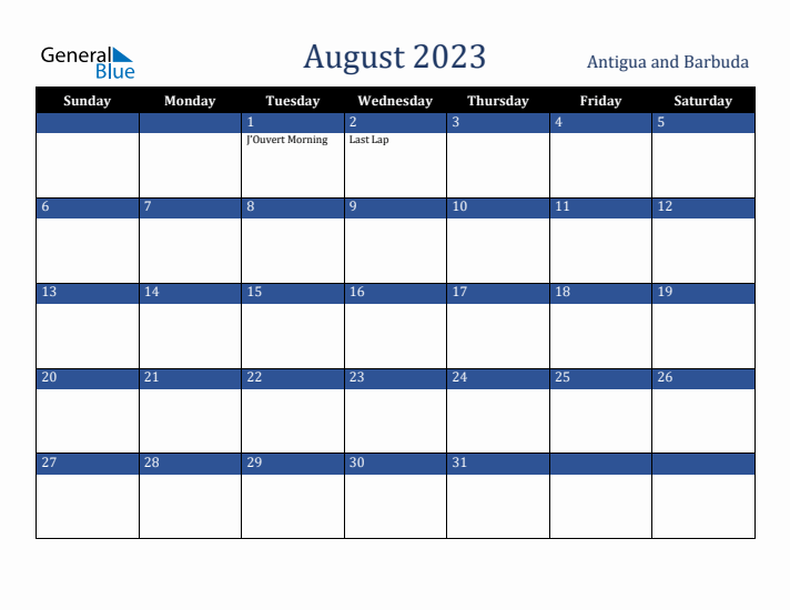 August 2023 Antigua and Barbuda Calendar (Sunday Start)