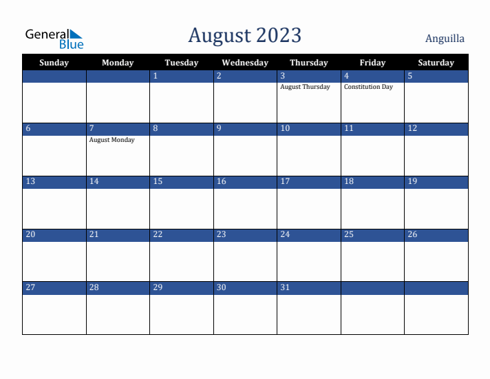 August 2023 Anguilla Calendar (Sunday Start)