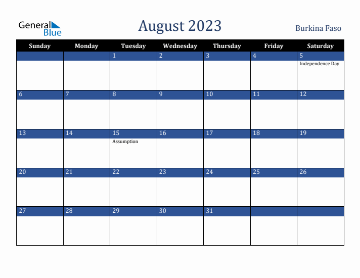 August 2023 Burkina Faso Calendar (Sunday Start)