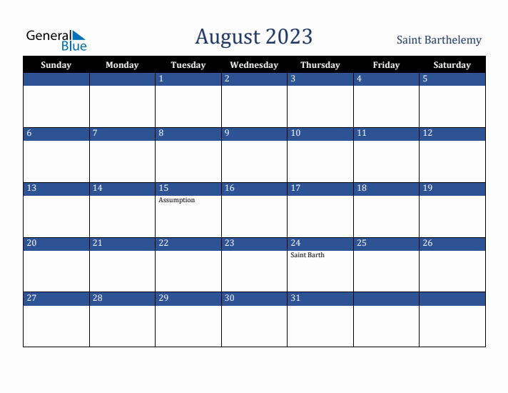 August 2023 Saint Barthelemy Calendar (Sunday Start)