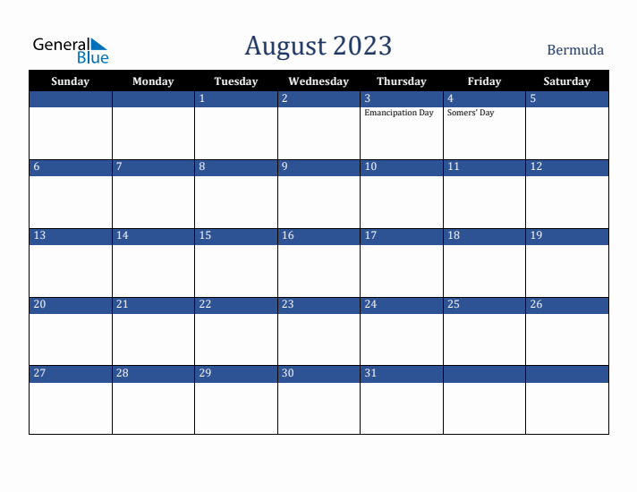August 2023 Bermuda Calendar (Sunday Start)