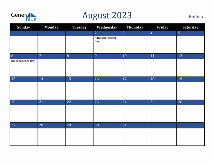 August 2023 Bolivia Calendar (Sunday Start)