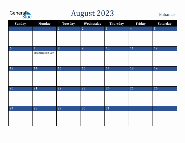 August 2023 Bahamas Calendar (Sunday Start)