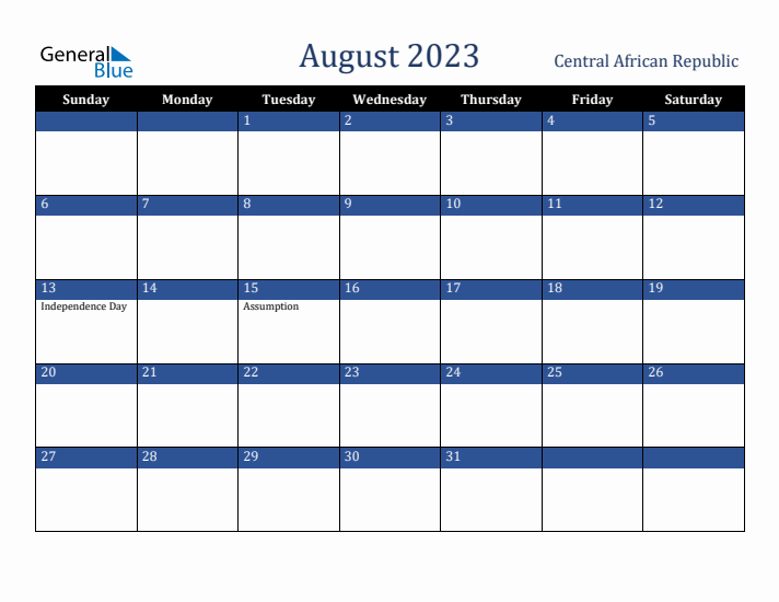 August 2023 Central African Republic Calendar (Sunday Start)