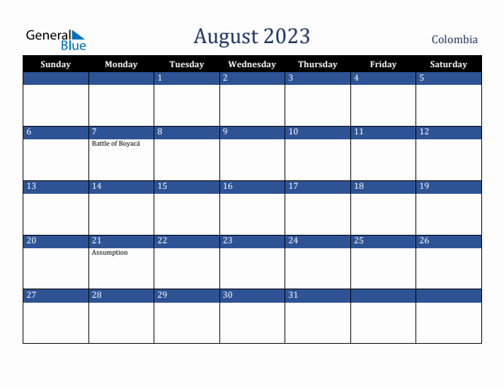 August 2023 Colombia Calendar (Sunday Start)