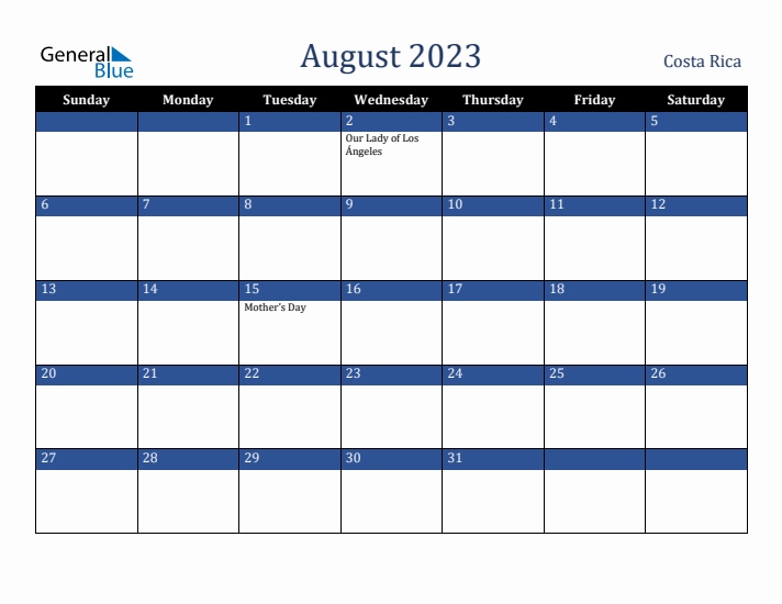 August 2023 Costa Rica Calendar (Sunday Start)