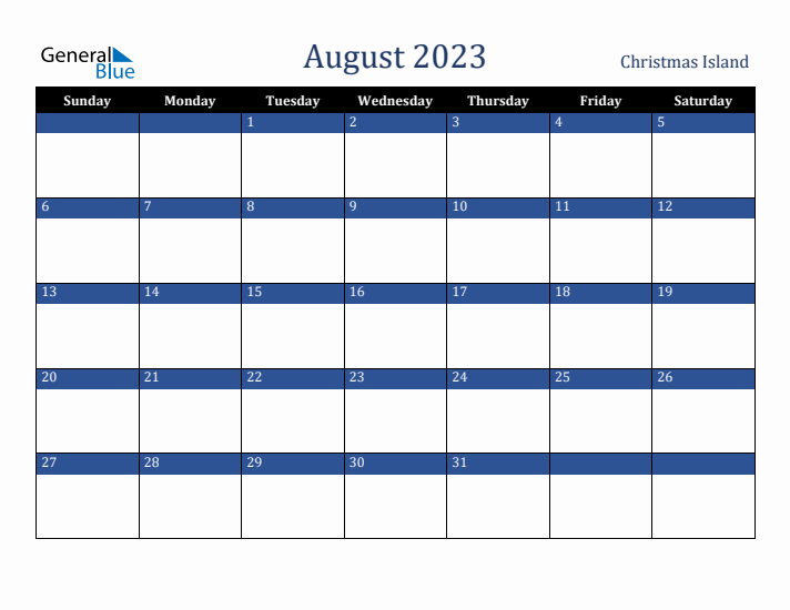 August 2023 Christmas Island Calendar (Sunday Start)