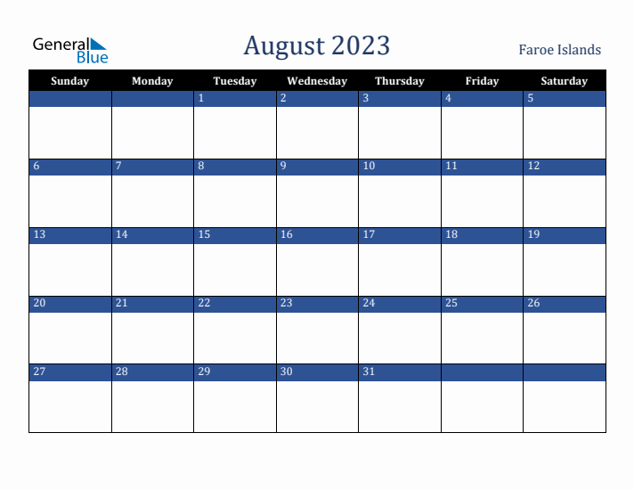 August 2023 Faroe Islands Calendar (Sunday Start)