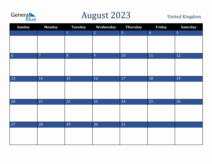 August 2023 United Kingdom Calendar (Sunday Start)