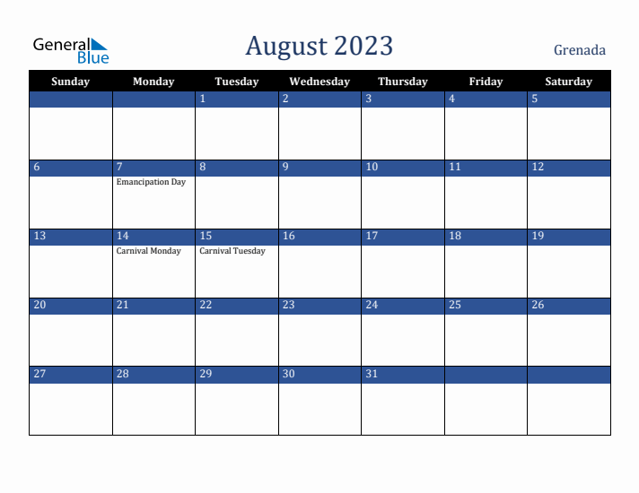 August 2023 Grenada Calendar (Sunday Start)