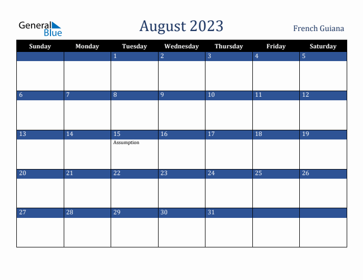 August 2023 French Guiana Calendar (Sunday Start)